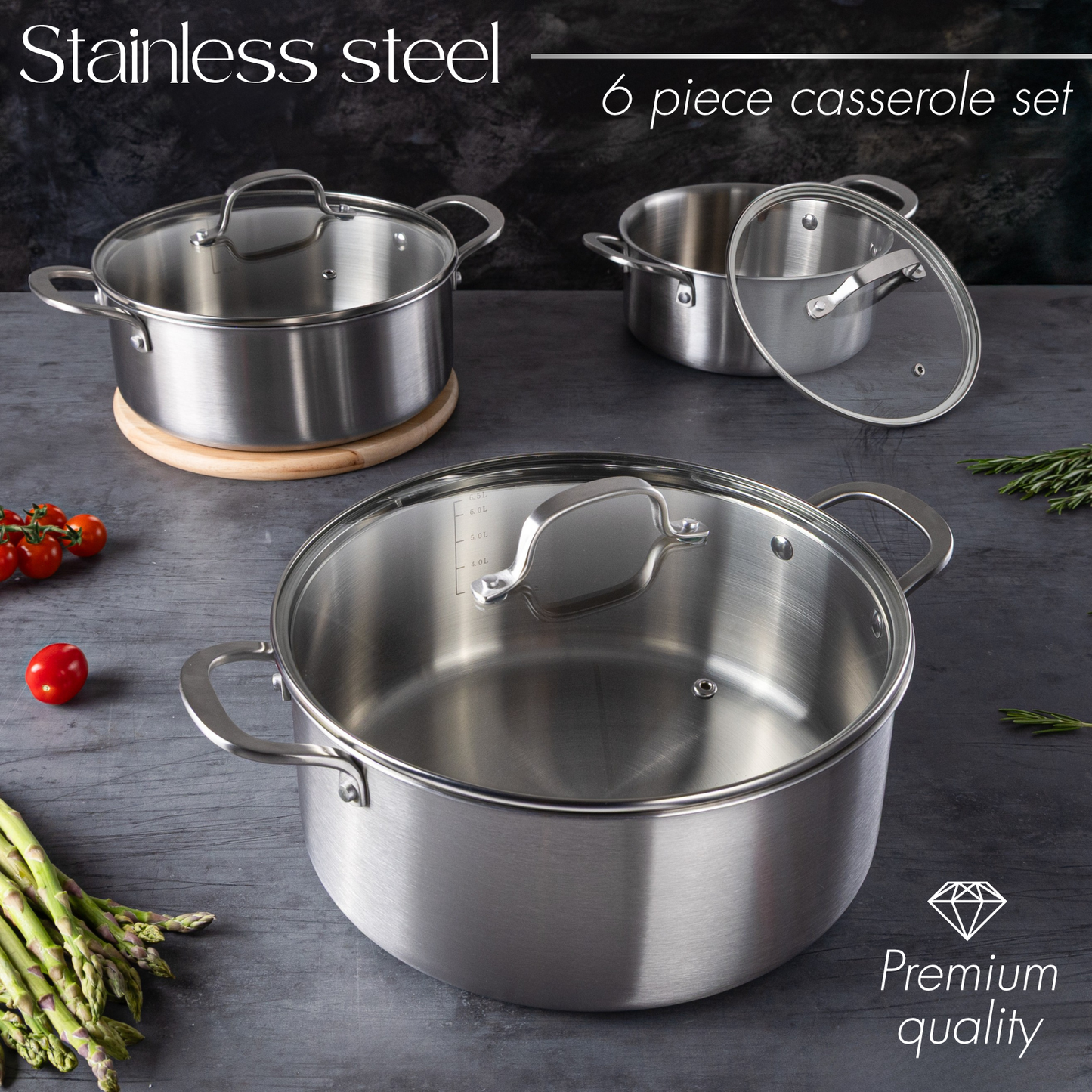 6-Piece Stainless Steel Casserole Set with Glass Lids, Nuovva