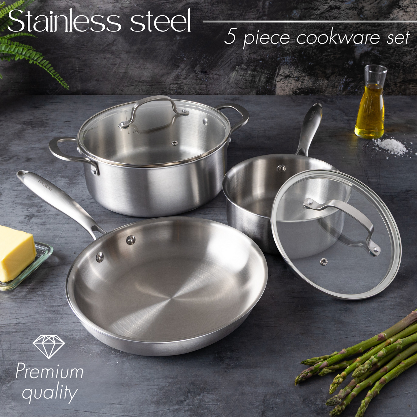 Stainless Steel Cookware Set with Glass Lids (5, 6, 8, 14 & 17 Piece), Nuovva