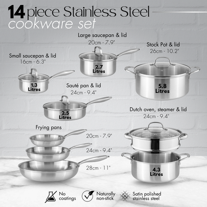 14-Piece Stainless Steel Cookware Set with Glass Lids, Nuovva