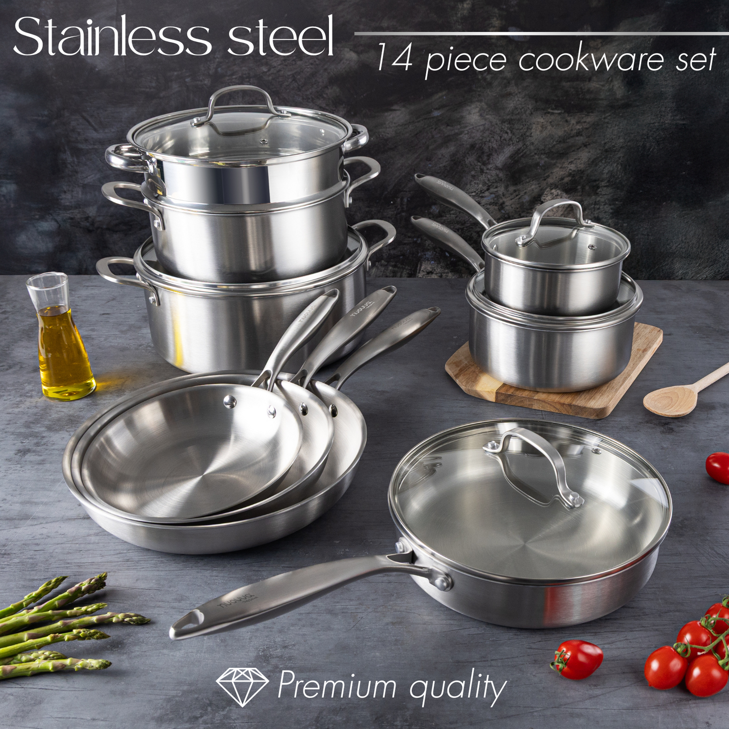 14-Piece Stainless Steel Cookware Set with Glass Lids, Nuovva