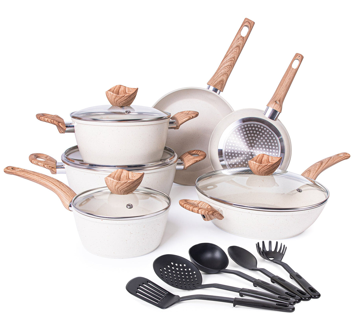Kitchen Cookware Set of 5, 8, 15 & 35pcs with Lids - Multiple Colours