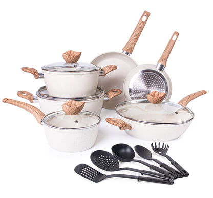 Kitchen Cookware Set of 5, 8, 15 & 35pcs with Lids - Multiple Colours