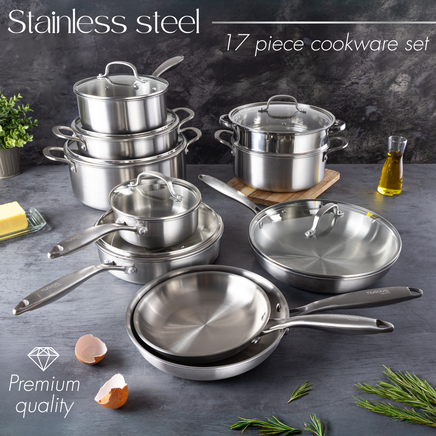 17-Piece Stainless Steel Cookware Set with Glass Lids, Nuovva