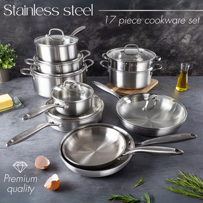 17-Piece Stainless Steel Cookware Set with Glass Lids, Nuovva