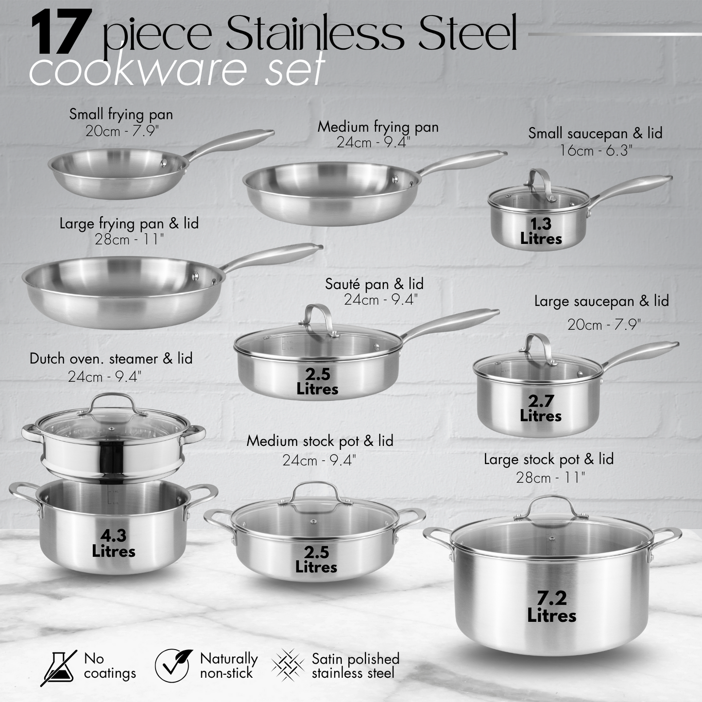 17-Piece Stainless Steel Cookware Set with Glass Lids, Nuovva