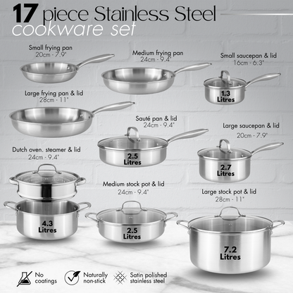 17-Piece Stainless Steel Cookware Set with Glass Lids, Nuovva