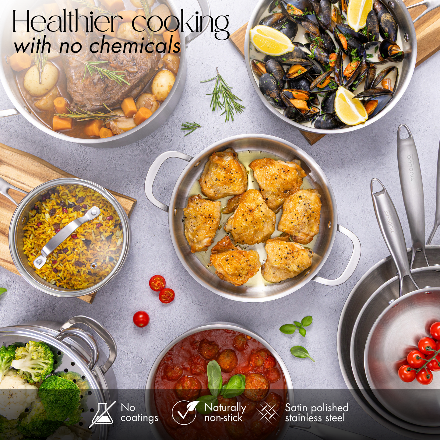 17-Piece Stainless Steel Cookware Set with Glass Lids, Nuovva
