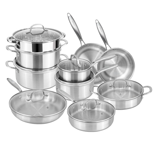 17-Piece Stainless Steel Cookware Set with Glass Lids, Nuovva