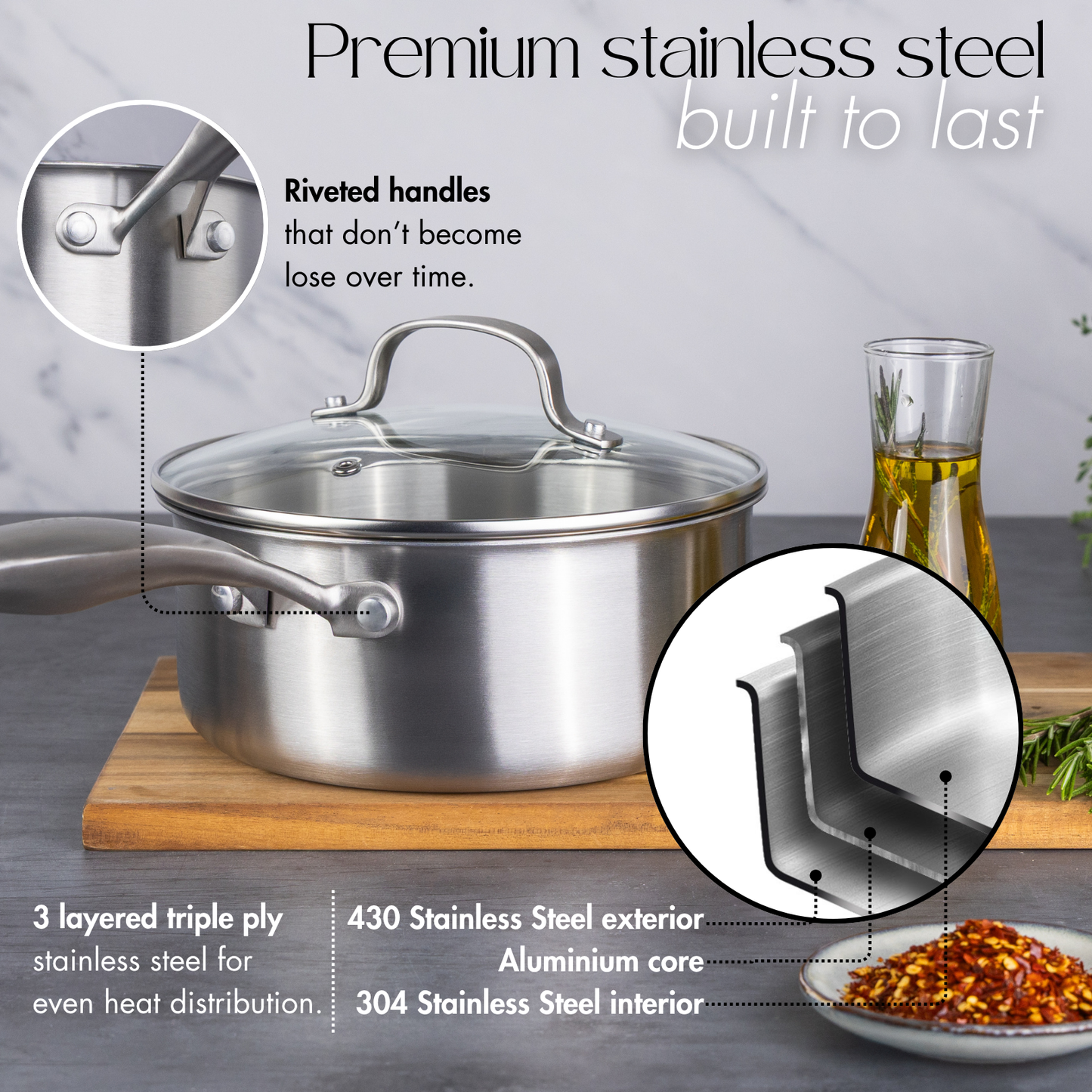 17-Piece Stainless Steel Cookware Set with Glass Lids, Nuovva