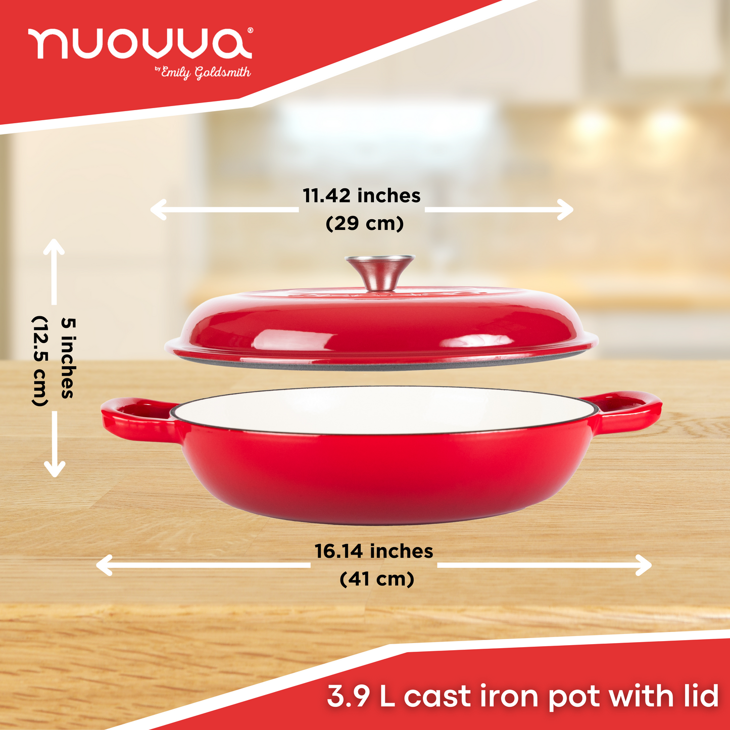 30cm Enamelled Cast Iron Shallow Dutch Oven Casserole Pot – 3.9L, Nuovva