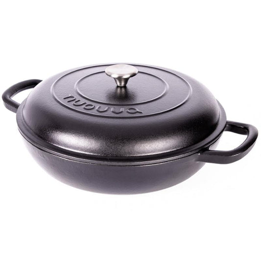 32cm Enamelled Cast Iron Shallow Casserole Dish with Lid – 3.5L, Black, Nuovva