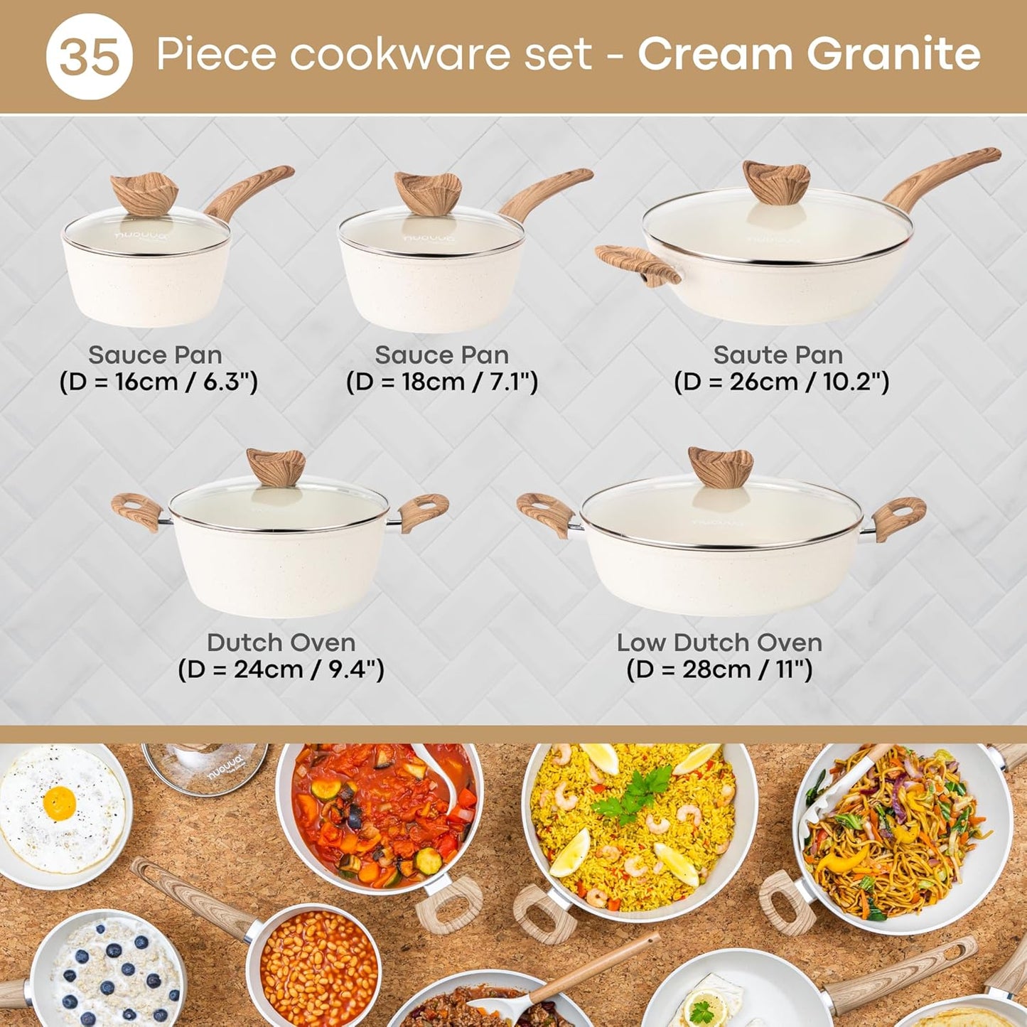 35pcs Cream Kitchen Cookware & Kitchen Knife Set