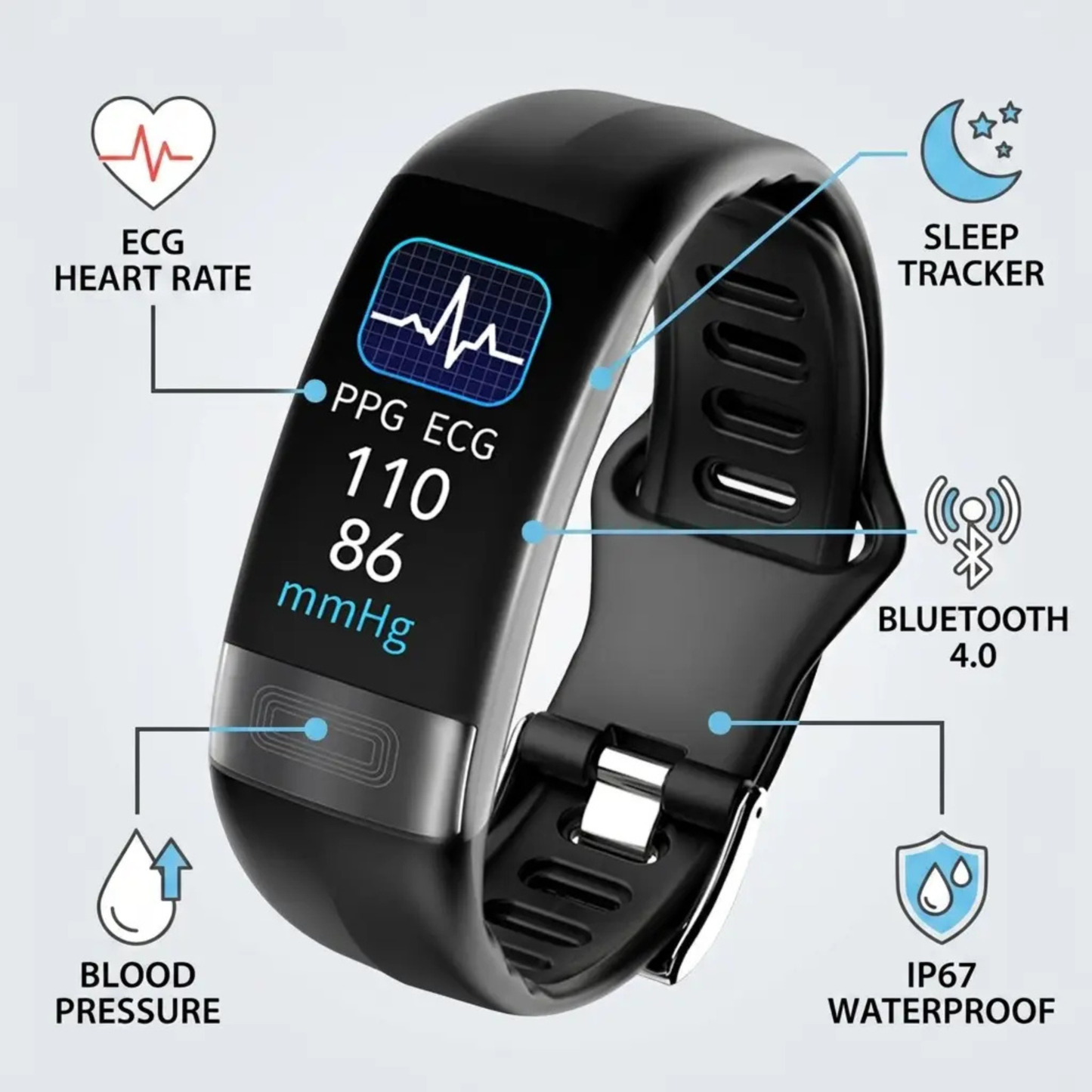 Smart Bracelet Blood Pressure Monitor EKG, Heart Rate, Oxygen Saturation & Sleep Tracker FDA Approved