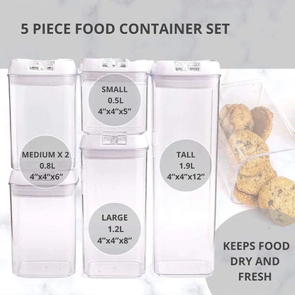5-Piece Food Storage Container Set with Black or White Lids, Nuovva