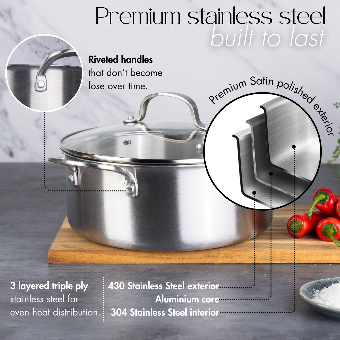 6-Piece Stainless Steel Casserole Set with Glass Lids, Nuovva