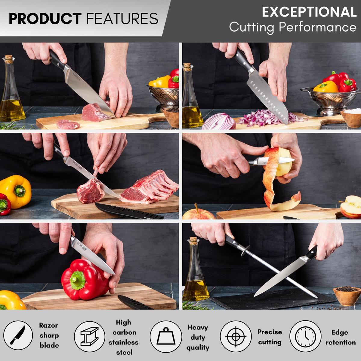 High Carbon Stainless Steel Kitchen Knife Set (4-Piece, 5-Piece & 6-Piece), Nuovva