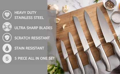 5-Piece Professional Stainless Steel Kitchen Knife Set with Gift Box, Nuovva