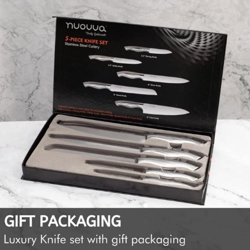 Stainless Steel Kitchen Knife Set (5-Piece & 14-Piece with Hardwood Block), Nuovva
