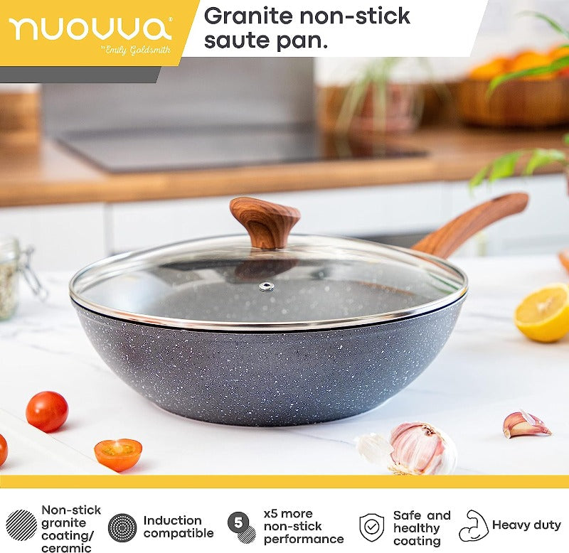28cm Induction Non-Stick Wok Pan with Glass Lid, Nuovva