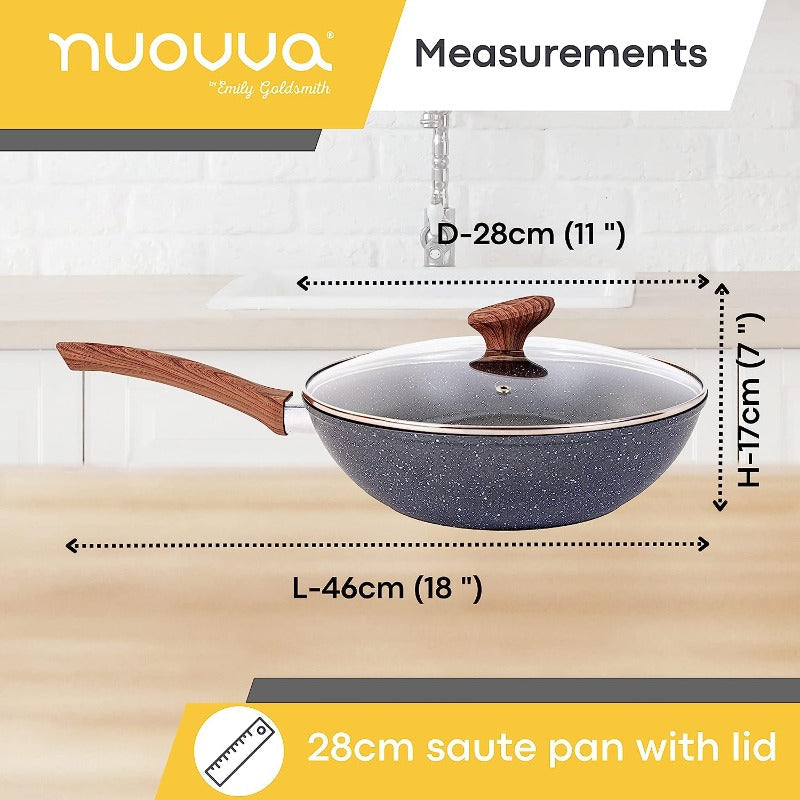 28cm Induction Non-Stick Wok Pan with Glass Lid, Nuovva