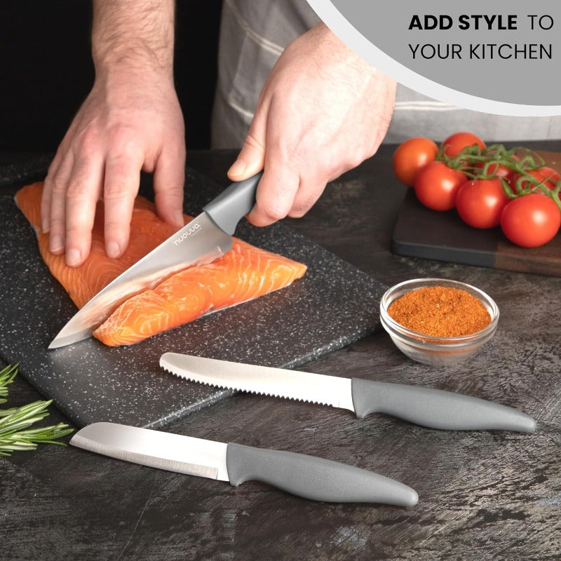 3-Piece Grey Stainless Steel Non-Stick Kitchen Knife Set, Nuovva
