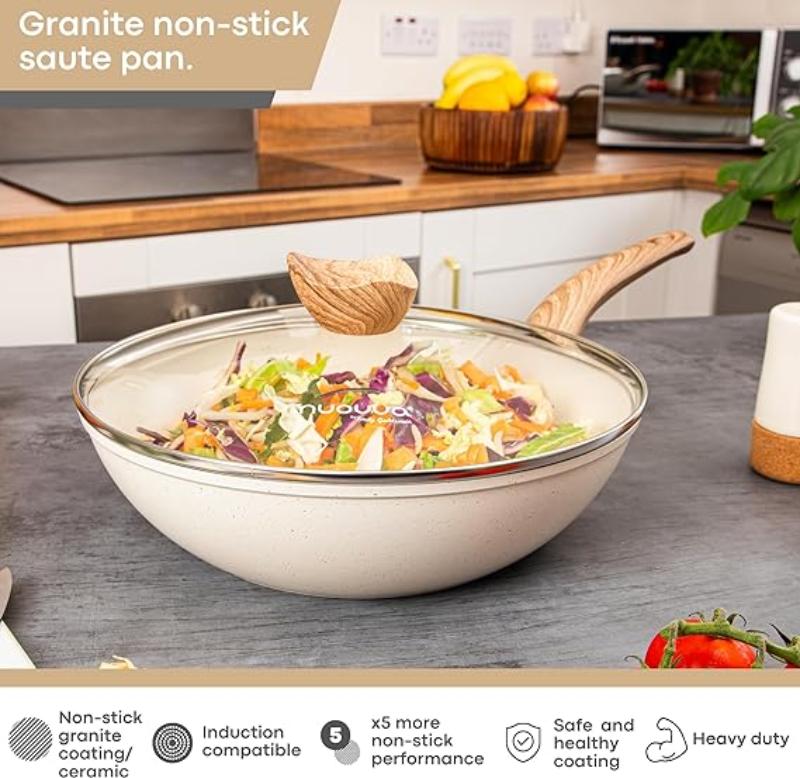 Cream Induction Non-Stick Wok Pan – Deep Stir Fry Pan With Lid - 28cm