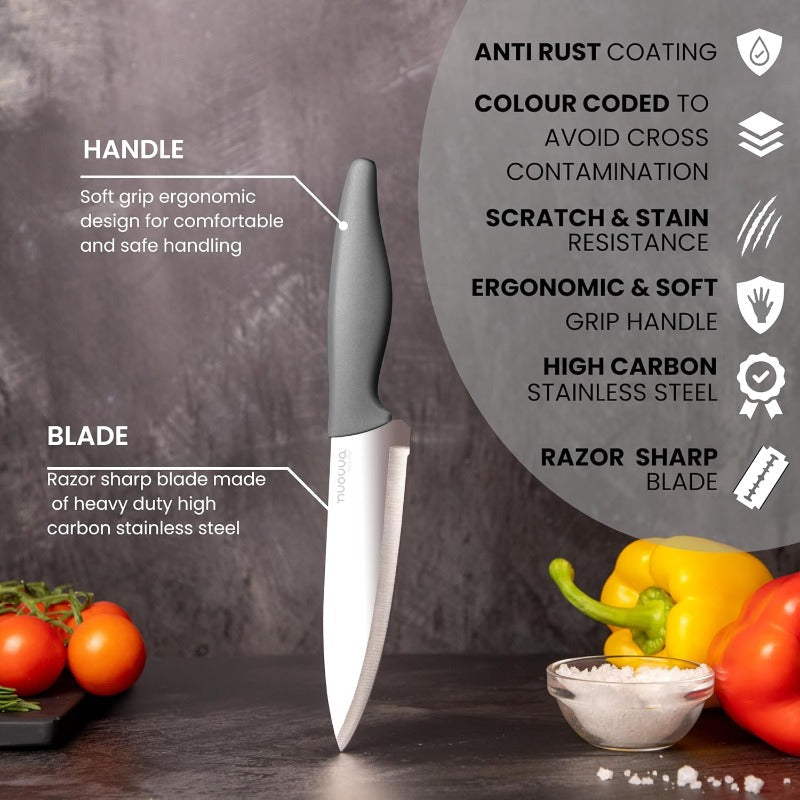 3-Piece Grey Stainless Steel Non-Stick Kitchen Knife Set, Nuovva