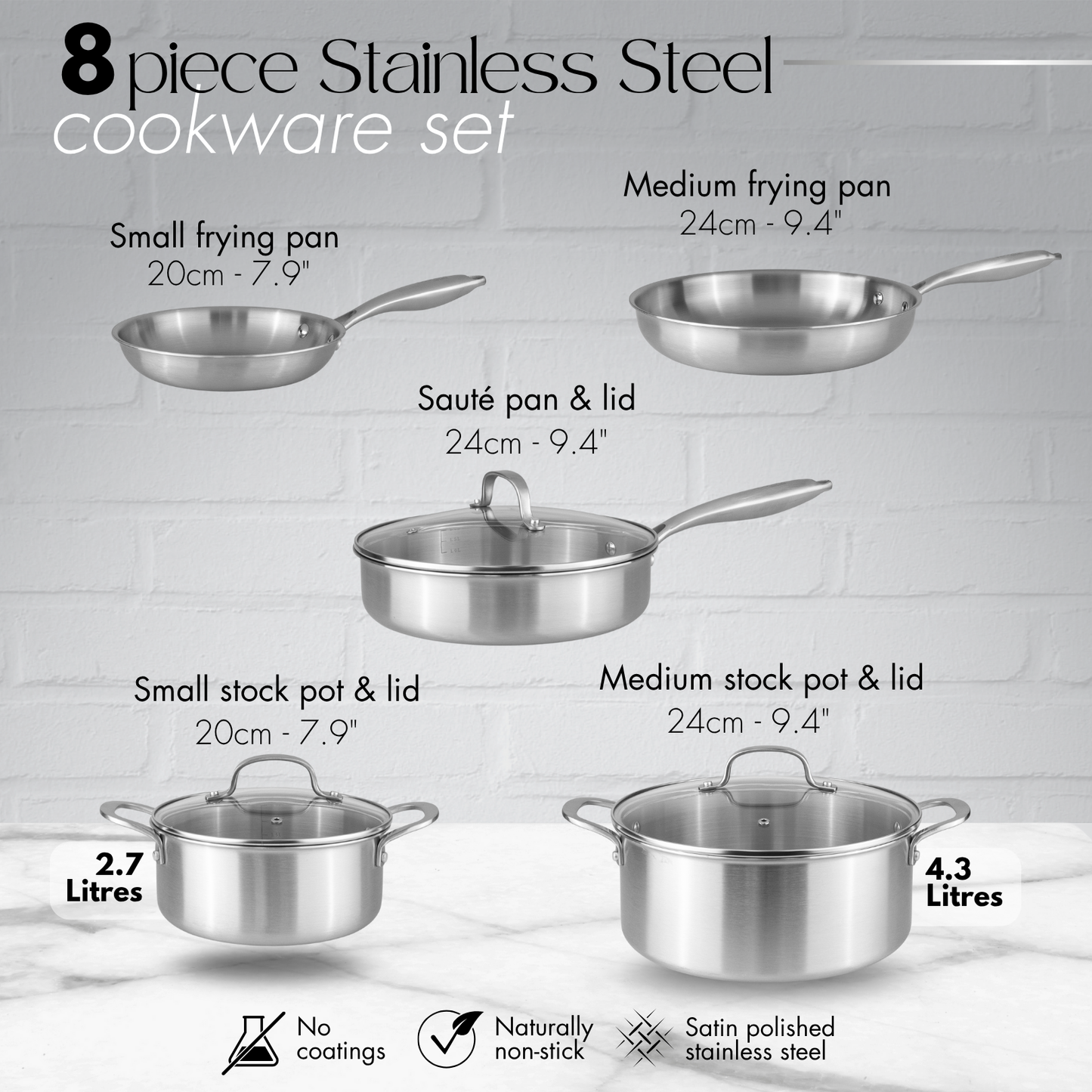 8-Piece Stainless Steel Cookware Set with Glass Lids, Nuovva