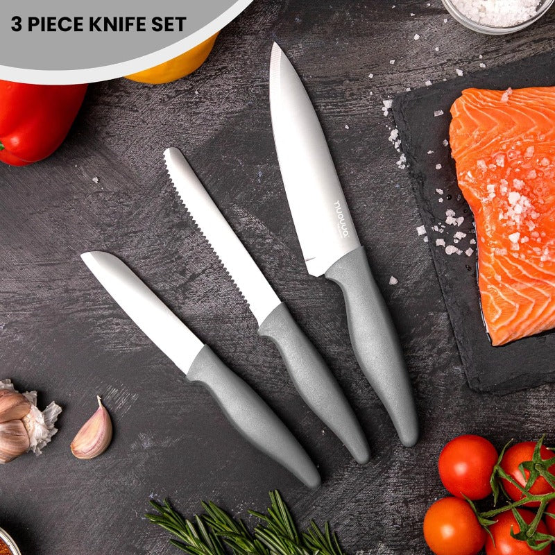 3-Piece Grey Stainless Steel Non-Stick Kitchen Knife Set, Nuovva