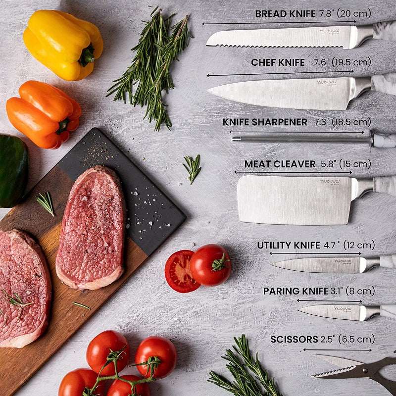 7-Piece Calcutta Marble Kitchen Knife Set with Rotating Block, Nuovva