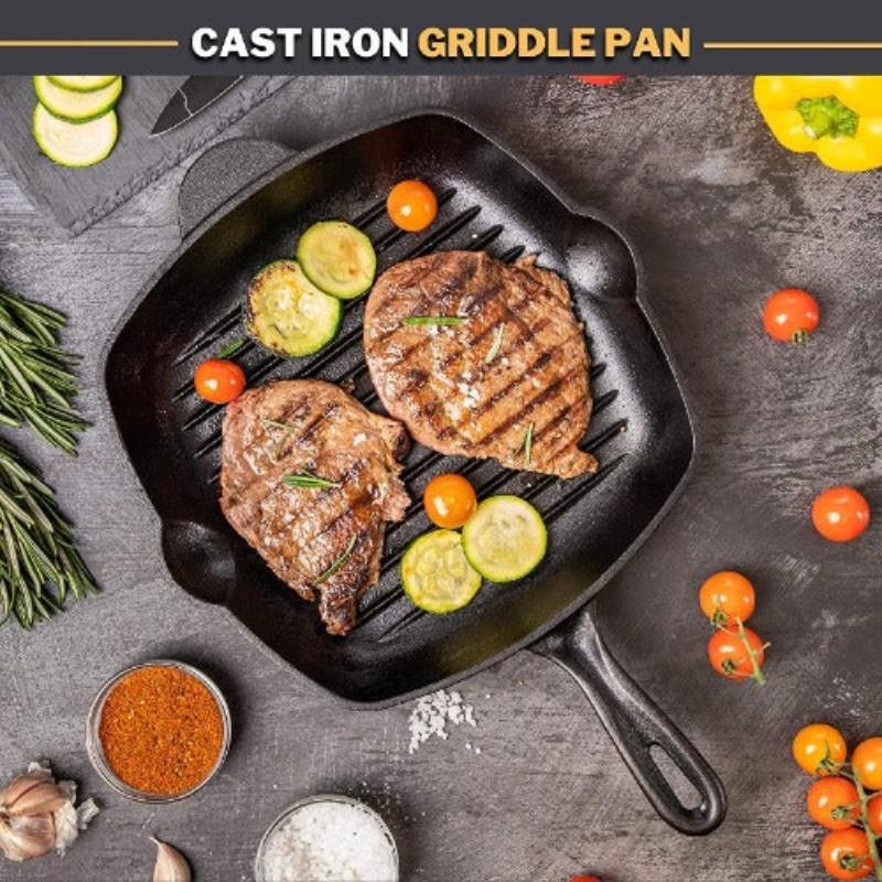 Black Pre-Seasoned Cast Iron Square Enamelled Grill Pan - 26cm, by Nuovva