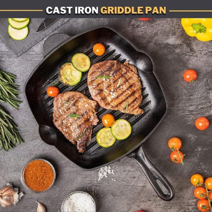 Black Pre-Seasoned Cast Iron Square Enamelled Grill Pan - 26cm, by Nuovva