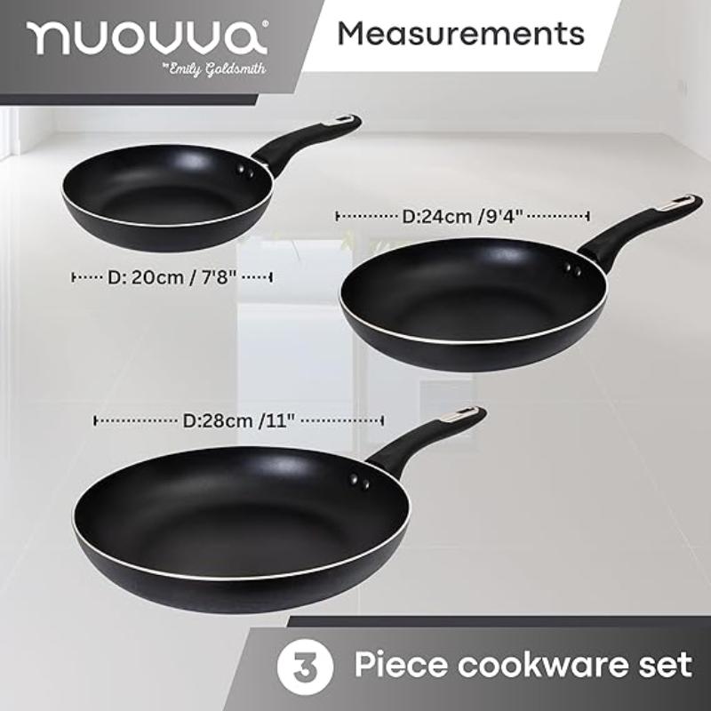 3-Piece Non-Stick Frying Pan Set (20cm, 24cm & 28cm), Nuovva