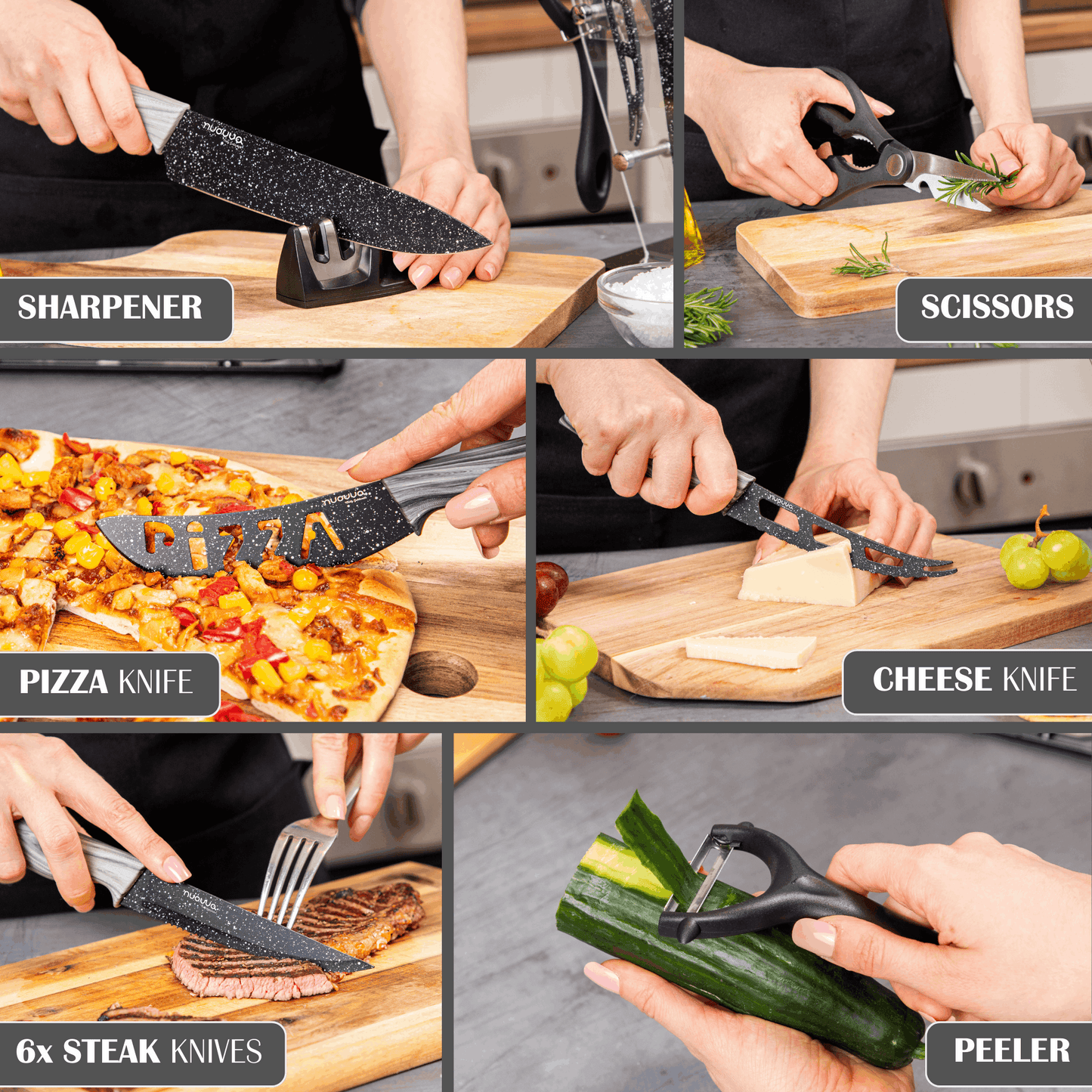 17-Piece Professional Black Granite Kitchen Knife Set with Acrylic Block, Nuovva