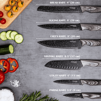 17-Piece Professional Black Granite Kitchen Knife Set with Acrylic Block, Nuovva