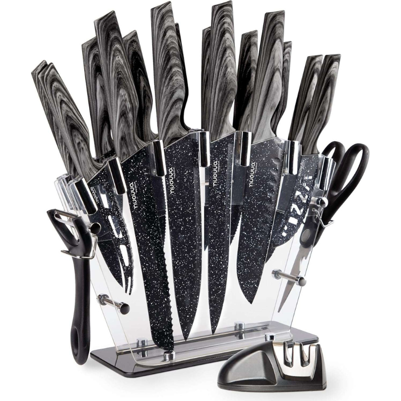 17-Piece Professional Black Granite Kitchen Knife Set with Acrylic Block, Nuovva