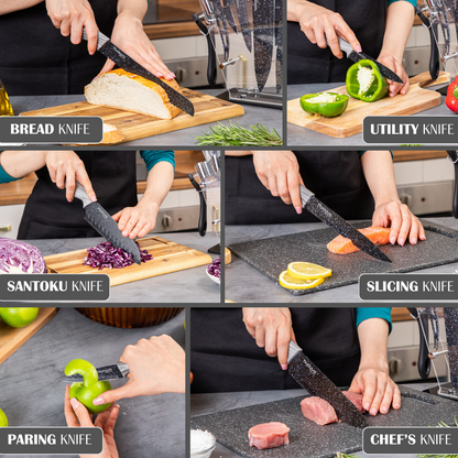 17-Piece Professional Black Granite Kitchen Knife Set with Acrylic Block, Nuovva