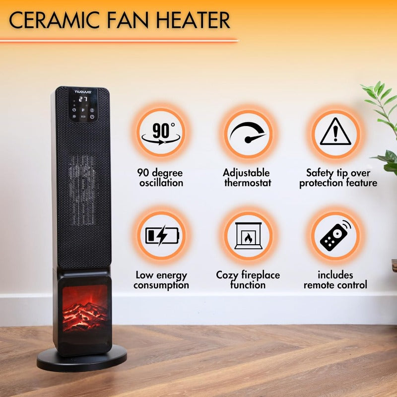Ceramic Electric Tower Fan Heater with Fireplace Display