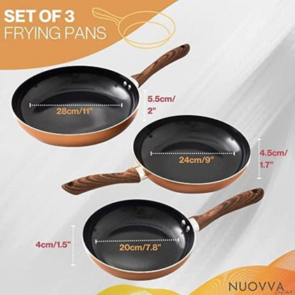 3-Piece Non-Stick Frying Pan Set (20cm, 24cm & 28cm), Nuovva