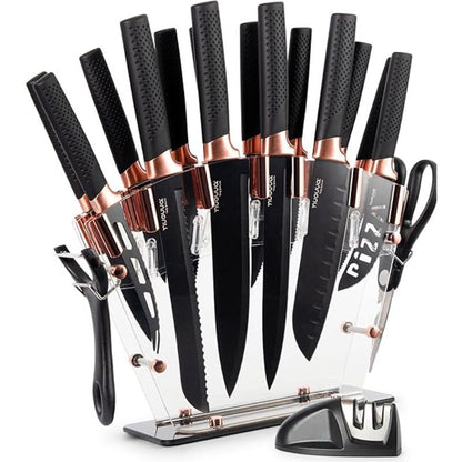 17-Piece Professional Black Granite Kitchen Knife Set with Acrylic Block, Nuovva