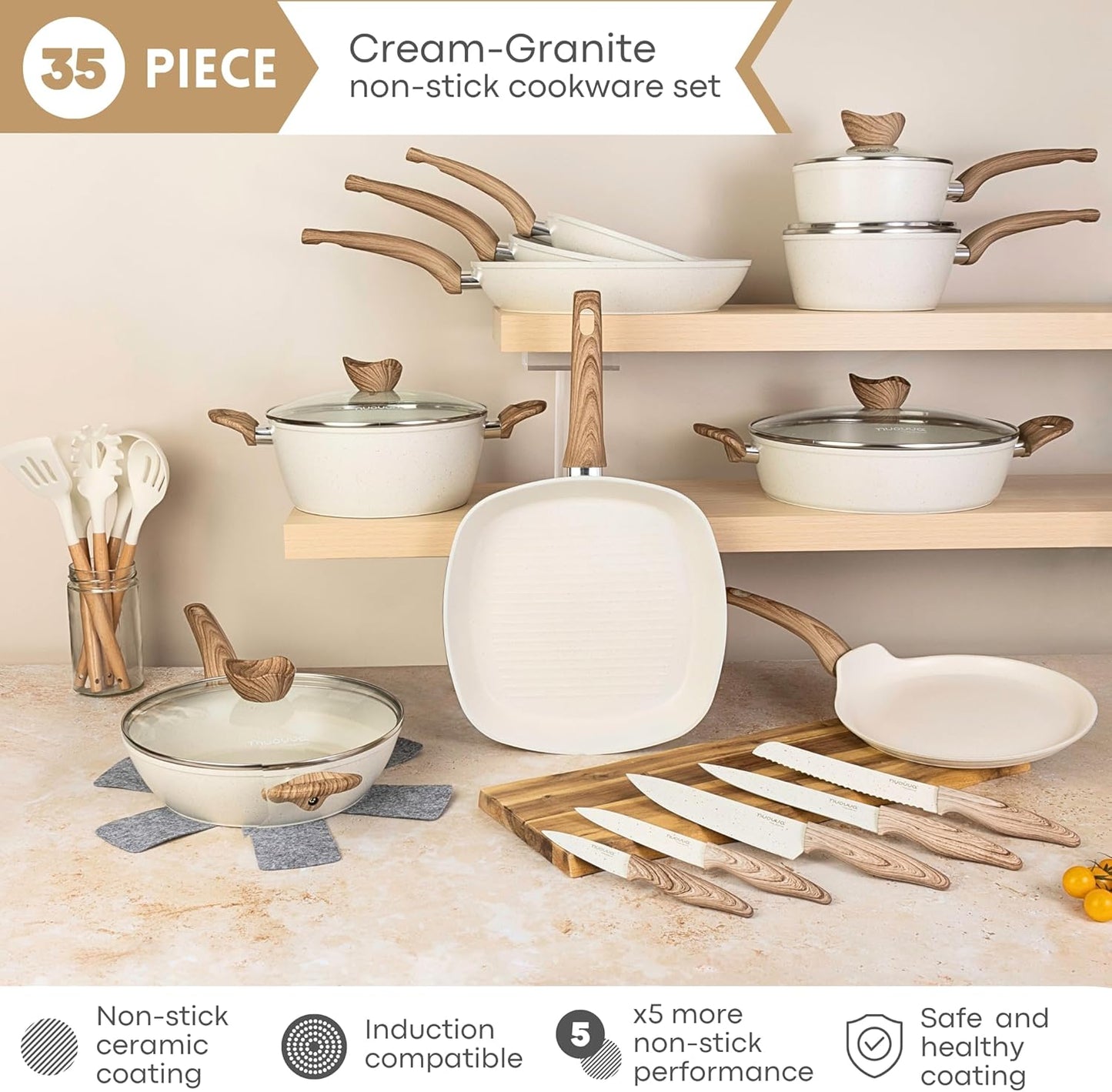 Kitchen Cookware Set of 5, 8, 15 & 35pcs with Lids - Multiple Colours