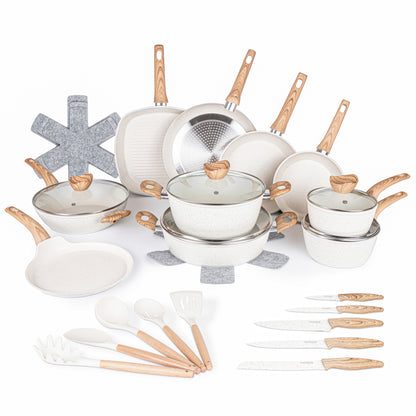 35pcs Cream Kitchen Cookware & Kitchen Knife Set