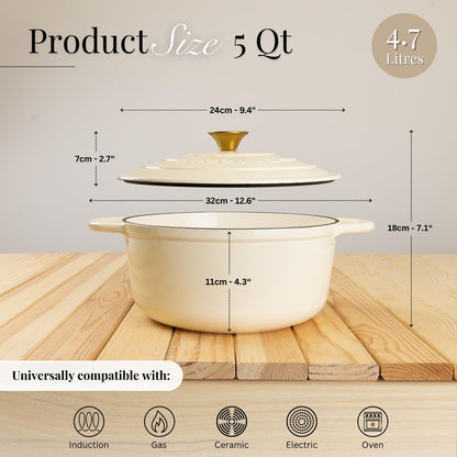 Cast Iron Dutch Oven with Lid, Casserole Pot - 24cm - 4.7L (Multiple Colours)
