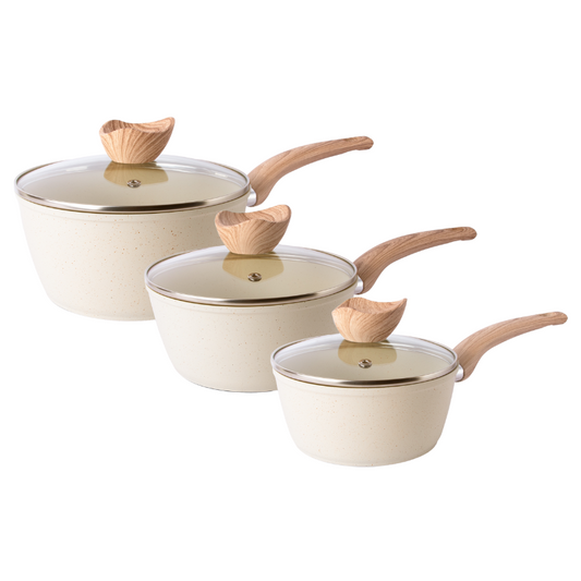 3-Piece Marble Granite Non-Stick Saucepan Set with Glass Lids (16cm, 18cm & 20cm), Nuovva