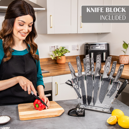 17-Piece Professional Black Granite Kitchen Knife Set with Acrylic Block, Nuovva