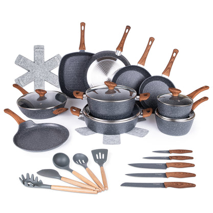 Granite Non-Stick Cookware Set with Lids (5, 8, 15 & 35 Piece), Nuovva