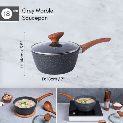 Marble Granite Non-Stick Saucepan with Lid (16cm, 18cm, 2-Piece & 3-Piece), Nuovva