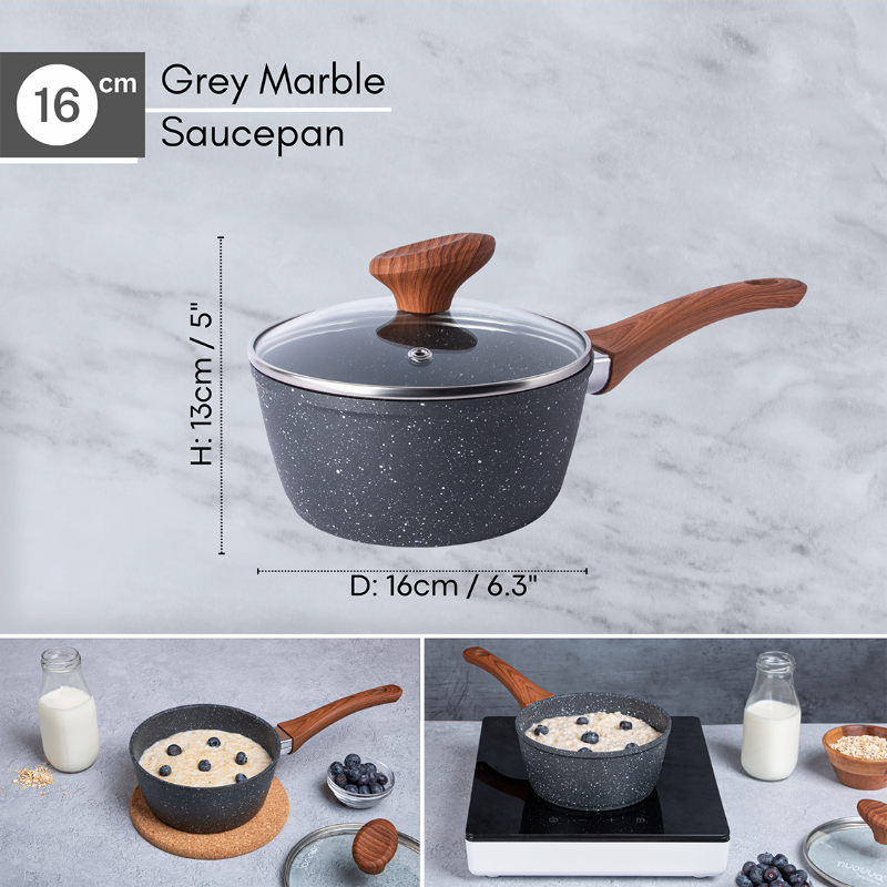 Marble Granite Non-Stick Saucepan with Lid (16cm, 18cm, 2-Piece & 3-Piece), Nuovva
