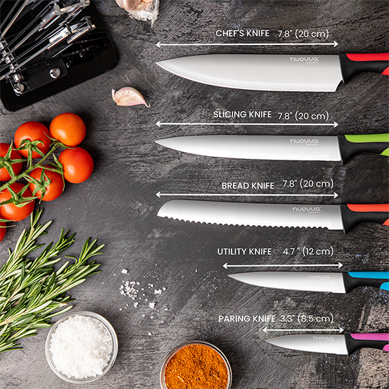 Colour-Coded Kitchen Knife Set with Block (5-Piece & 17-Piece), Nuovva
