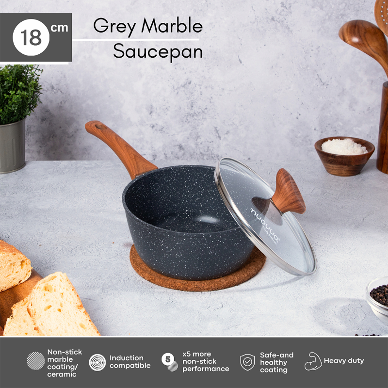 Marble Granite Non-Stick Saucepan with Lid (16cm, 18cm, 2-Piece & 3-Piece), Nuovva